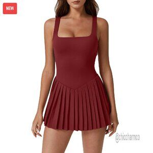 Sleeveless Square Neck Tennis Dress with Built-in Shorts & Pockets